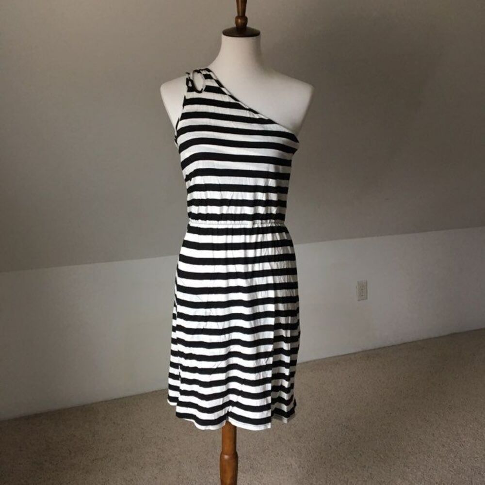 One Shoulder B&W Striped Dress - Has Pockets!